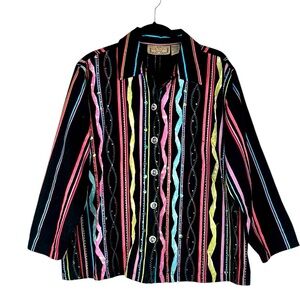 Life Style Woman Black Multi-Colored Striped Artsy Art to Wear Top Size 1X